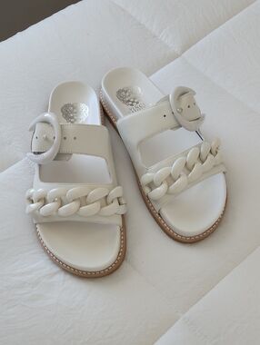 Vince Camuto White Chain-Trim Slide Sandals